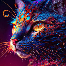 Malen nach Zahlen: Kosmische bunte Katze mit goldenen Augen