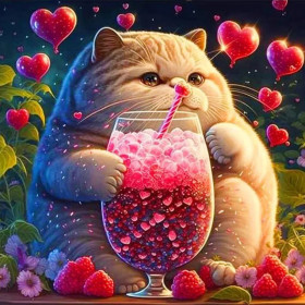 Malen nach Zahlen: Mollige Katze trinkt einen rosa Himbeer-Cocktail