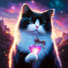 Malen nach Zahlen: Schwarz-weiße Katze mit einem leuchtenden rosa Herz