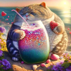Malen nach Zahlen: Dicke getigerte Katze trinkt einen Smoothie am Strand