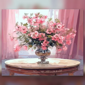 Malen nach Zahlen: Strauß rosa Blumen in einer silbernen Vase