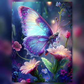 Malen nach Zahlen: Violett-blauer Schmetterling auf rosa Blumen
