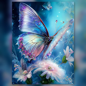 Malen nach Zahlen: Blau-violetter Schmetterling auf leuchtenden Blumen