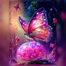 Malen nach Zahlen: Leuchtender Schmetterling mit violetten Flügeln auf hellen Blumen