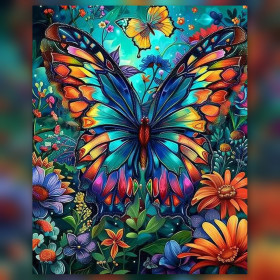 Malen nach Zahlen bunter Schmetterling umgeben von orangefarbenen und blauen Blumen
