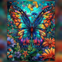 Malen nach Zahlen bunter Schmetterling umgeben von orangefarbenen und blauen Blumen