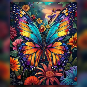 Malen nach Zahlen großer bunter Schmetterling umgeben von Blumen