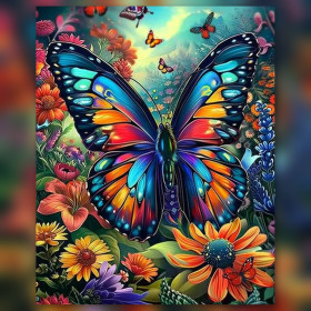 Malen nach Zahlen bunter Schmetterling auf gelben und violetten Blumen