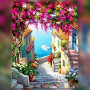 Malen nach Zahlen mediterranes Dorf mit Kopfsteinpflastergasse und blühenden Bougainvilleen
