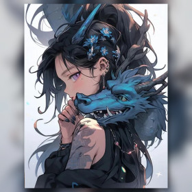 Malen nach Zahlen Manga-Frau mit schwarzen Haaren und blauem Drachen