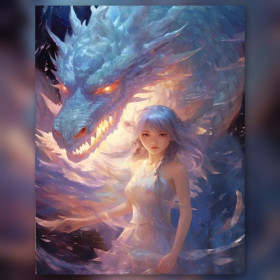 Malen nach Zahlen junges Mädchen im weißen Kleid vor einem blauen Drachen