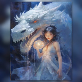 Malen nach Zahlen Frau und weißer Drache mit Kugel