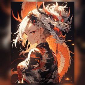 Malen nach Zahlen Frau im Kimono und orangefarbener orientalischer Drache
