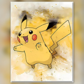 Malen nach Zahlen: Pikachu im gelben Aquarellstil mit roten Wangen und Farbspritzern