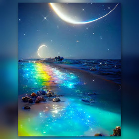 Malen nach Zahlen: Strand bei Nacht unter dem Mond mit Regenbogenspiegelungen