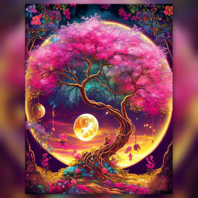 Malen nach Zahlen: Lebensbaum mit rosa Blüten unter dem Vollmond