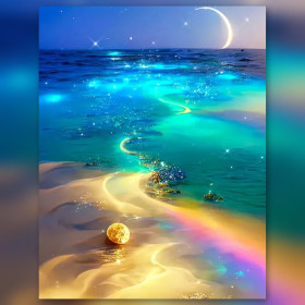Malen nach Zahlen: Strand bei Nacht mit Mond und glitzerndem Ozean