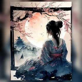 Malen nach Zahlen: Japanerin im Kimono vor Mond und Kirschbäumen
