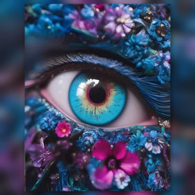 Malen nach Zahlen: Türkisblaues Auge umgeben von violetten Blumen