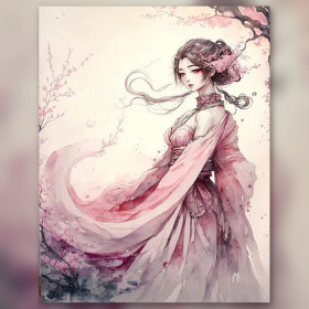 Malen nach Zahlen: Frau im rosa Kleid unter Kirschblüten