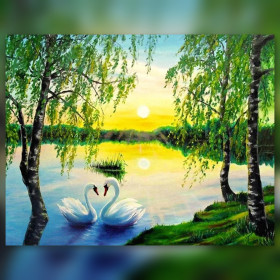 Malen nach Zahlen: Zwei weiße Schwäne auf einem See bei Sonnenuntergang