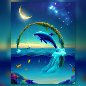 Malen nach Zahlen: Springender Delfin unter dem Mond am Sternenhimmel