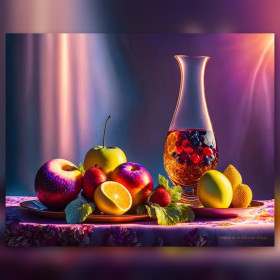 Malen nach Zahlen: Glaskaraffe und bunte Früchte auf einem Tisch