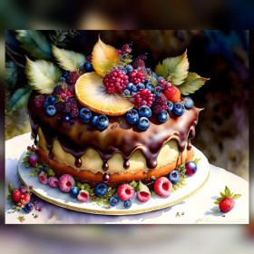 Malen nach Zahlen Schokoladenkuchen mit frischen Heidelbeeren und Himbeeren