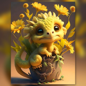Malen nach Zahlen gelber Babydrache sitzt in einem Blumentopf