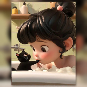 Malen nach Zahlen kleines Mädchen in der Badewanne mit einem schwarzen Kätzchen