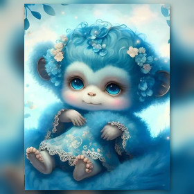 Malen nach Zahlen Baby-Affe in Blau mit Blumenkranz