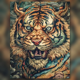Malen nach Zahlen brüllender Tigerkopf mit schwarzen Streifen und japanischen Wellen