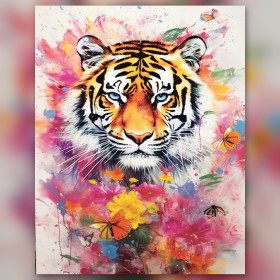 Malen nach Zahlen oranger Tigerkopf umgeben von rosa Blumen und Schmetterlingen