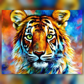 Malen nach Zahlen bunter Tigerkopf mit grünen Augen auf strukturiertem Hintergrund