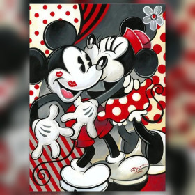 Malen nach Zahlen Minnie küsst Micky, Pop-Art-Hintergrund mit roten Punkten