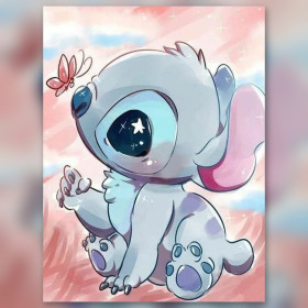 Malen nach Zahlen sitzender Baby-Stitch beobachtet einen rosa Schmetterling vor wolkigem Hintergrund
