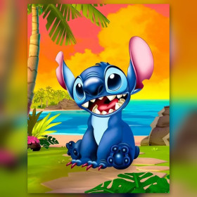 Malen nach Zahlen Stitch sitzt bei Sonnenuntergang an einem tropischen Strand
