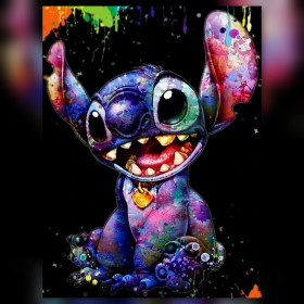 Malen nach Zahlen bunter, lächelnder Stitch auf schwarzem Hintergrund im Pop-Art-Stil