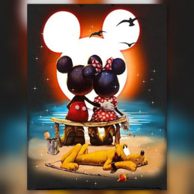 Malen nach Zahlen Micky und Minnie auf einer Bank mit Pluto