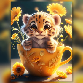 Malen nach Zahlen Babytiger in einer gelben Tasse mit Blumen