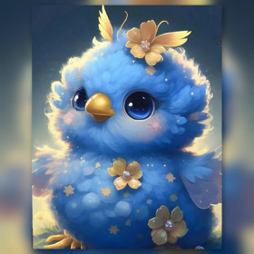 Malen nach Zahlen flauschiges blaues Küken umgeben von goldenen Blumen