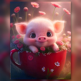 Malen nach Zahlen: Rosa Schwein in einer roten Tasse mit Blumen