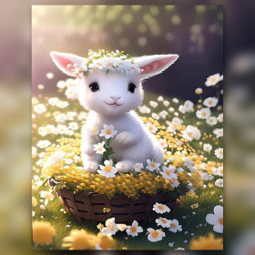 Malen nach Zahlen: Weißer Hase in einem Korb mit Gänseblümchen
