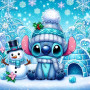 Malen nach Zahlen: Stitch mit Mütze vor einem Schneemann