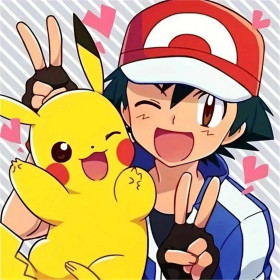 Malen nach Zahlen: Ash und Pikachu mit Siegeszeichen