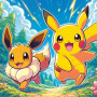 Malen nach Zahlen: Pikachu und Evoli rennen über einen Feldweg