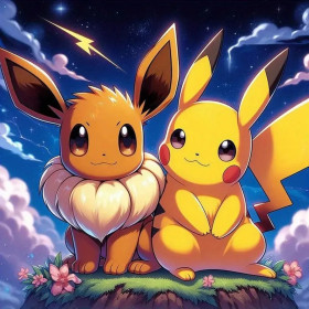 Malen nach Zahlen: Pikachu und Evoli auf einem Felsvorsprung unter einem Sternenhimmel