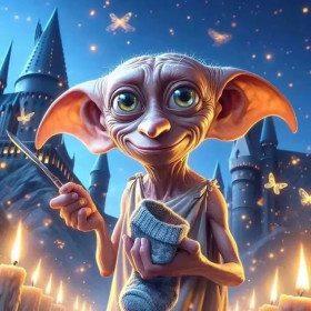 Malen nach Zahlen Dobby mit einer Socke in der Hand vor Schloss Hogwarts