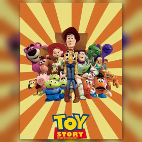 Malen nach Zahlen Woody, Buzz und Jessie vor einem Toy-Story-Karton