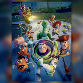 Malen nach Zahlen Toy Story mit Buzz, Woody und den Spielzeugen vor dem Kindergarten